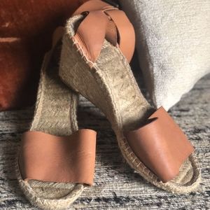 Cognac Leather Strap Espadrille Wedges